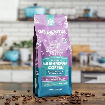 Organic Mushroom Decaffeinated Coffee Dark Roast, Red Reishi & Chaga, Swiss Water Process, Full Fruiting Bodies, Decaf for Calm and Relaxed Focus Grade 1 Single Origin Peruvian, 12oz - Ground