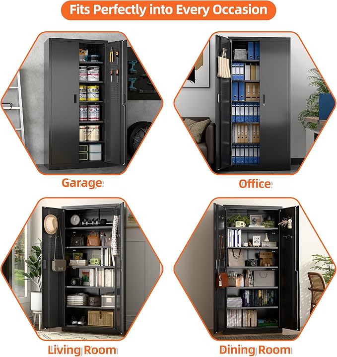 Metal Storage Cabinet with 2 Doors and 5 Adjustable Shelves, 71" H×32" W×16" D Garage Storage Cabinet with Pegboard for Garage,Office,Home,Gym,School, Lockable File Cabinet, Black
