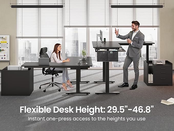 SEDETA L Shaped Electric Standing Desk with File Cabinet, 63 x 53'' Height Adjustable Home Office Computer Desk with Drawers, Power Outlet, Stand up Gaming Table with Led Lights, Keyboard Tray, Black
