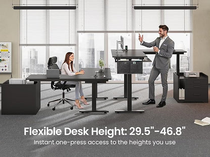 SEDETA L Shaped Electric Standing Desk with File Cabinet, 63 x 53'' Height Adjustable Home Office Computer Desk with Drawers, Power Outlet, Stand up Gaming Table with Led Lights, Keyboard Tray, Black
