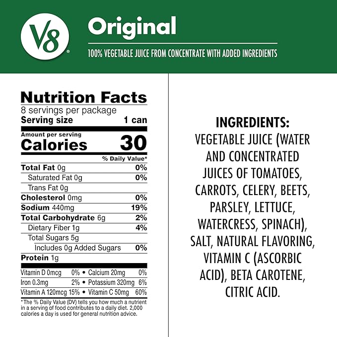 V8 Original 100% Vegetable Juice, 5.5 fl oz Can (8 Pack)