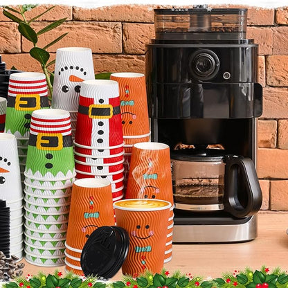 Foaincore 100 Sets Christmas Disposable Coffee Cups 12 oz Insulated Ripple Wall Paper Cup with Lid, Xmas Disposable Coffee Espresso Cups Tea Cups for Cold Hot Liquids Drinking Party Supplies (Cute)