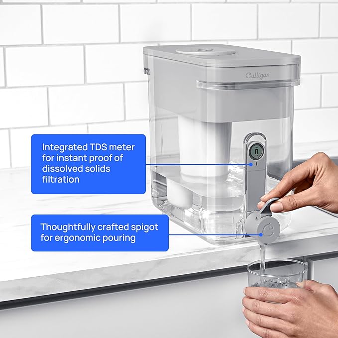 Culligan with ZeroWater Technology 33-Cup Water Filter Dispenser – Includes 5-Stage Advanced Water Filter, Certified to Reduce Lead, Total PFAS (Forever Chemicals), Mercury, Fluoride, and Chlorine