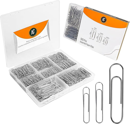 500 Pack Paper Clips by Luxurecourt - 3 Assorted Sizes of Silver Small and Large Paperclips Bulk, Rust-Resistant Nickel Plated Steel Clips, Essential for Organization - Home, School, Office Supplies