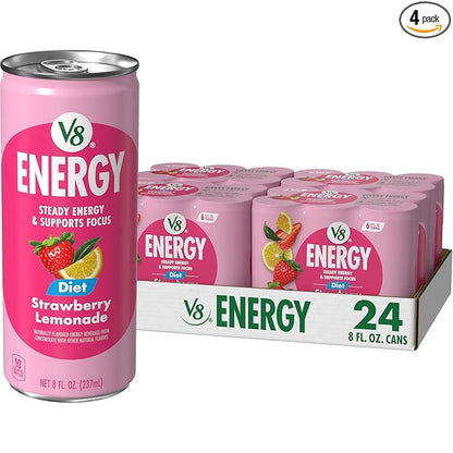 V8 Energy Diet Strawberry Lemonade Juice Energy Drink, 8 fl oz Can (6 Pack) (Case of 4)
