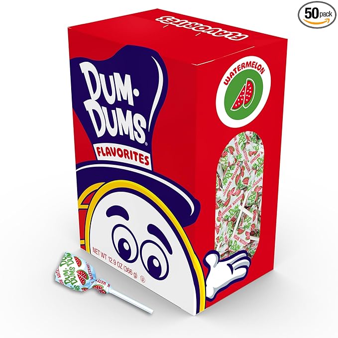 Dum Dums Watermelon Lollipops - Bulk Candy Box with Lollipops Individually Wrapped, Single Flavor Gourmet Suckers - 50 Count