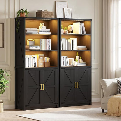 HWB Bookshelf and Bookcase with Doors, Farmhouse 5 Tier Book Shelves with Storage Cabinet, Floor Standing Bookcases with 3-Color Lights for Home Office, Living Room, Bedroom, Black
