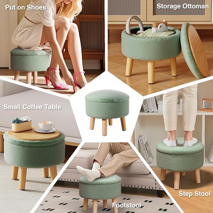 Poofzy Small Ottoman with Storage, Small Foot Stool Ottoman with Wood Legs, Faux Fur Foot Rest for Couch, Living Room and Bedroom - Light Green