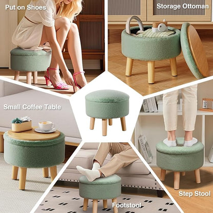 Poofzy Small Ottoman with Storage, Small Foot Stool Ottoman with Wood Legs, Faux Fur Foot Rest for Couch, Living Room and Bedroom - Light Green