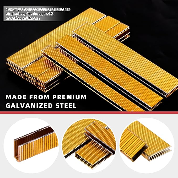 Hilitchi 2000Pcs 1 Inch 18 Gauge Narrow Crown Staples, Gold Brad Nails Gun Nails 18 Gauge Galvanized Finish Staples with Storage Case