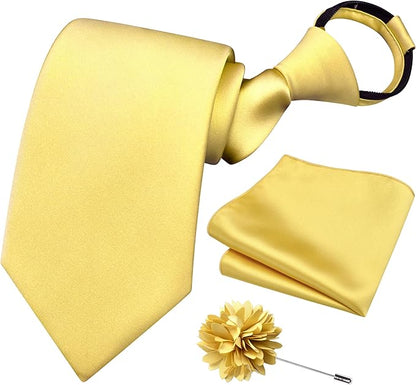 Branduce 3.15"（8cm） Pre-tied Adjustable Zipper Tie and Lapel Pin Solid Necktie Handkerchief Set for Men