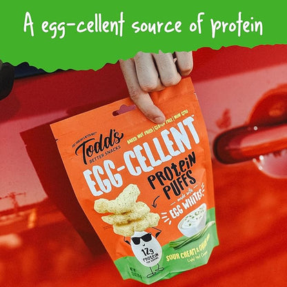 Todd's Better Snacks Egg-Cellent Protein Puffs, Sour Cream & Onion – 12g Protein, Gluten-Free, Paleo-Friendly, Baked, GLP-1 Compliant – Healthy Snack, Made with Egg Whites – 2.5 Oz (Pack of 4)