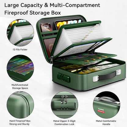 Fireproof Document Box, Hard Case Fireproof Box with Lock, Portable Hard-Shell Fireproof Water Resistant Document Safe for Important Documents, Laptops, Passports, Files and More (Green)