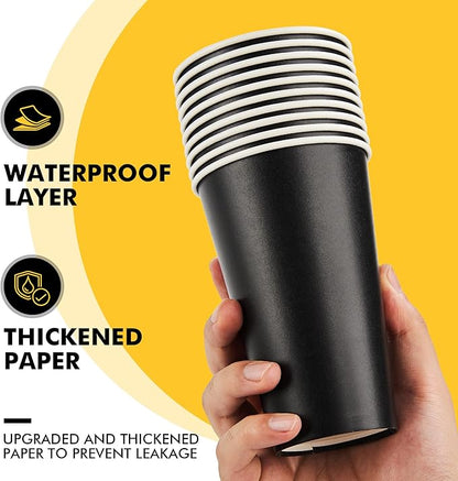 RACETOP 16 oz Paper Coffee Cups, 100 Pack Black Disposable Coffee Cups with Lids, Sleeves and Stirring Sticks, 16 oz Hot Coffee Cup for Hot Drinks, Parties, Picnic, Travel, and Events