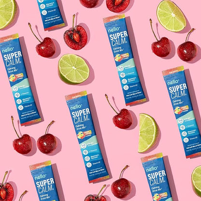 Nello Supercalm Powdered Drink Mix, Cortisol Reducer* and Sleep Aid Supplement, L Theanine, Ksm-66 Ashwagandha, Magnesium Glycinate, Vitamin D 3, No Sugar, Non GMO, On The Go, 20 Ct, Cherry Limeade
