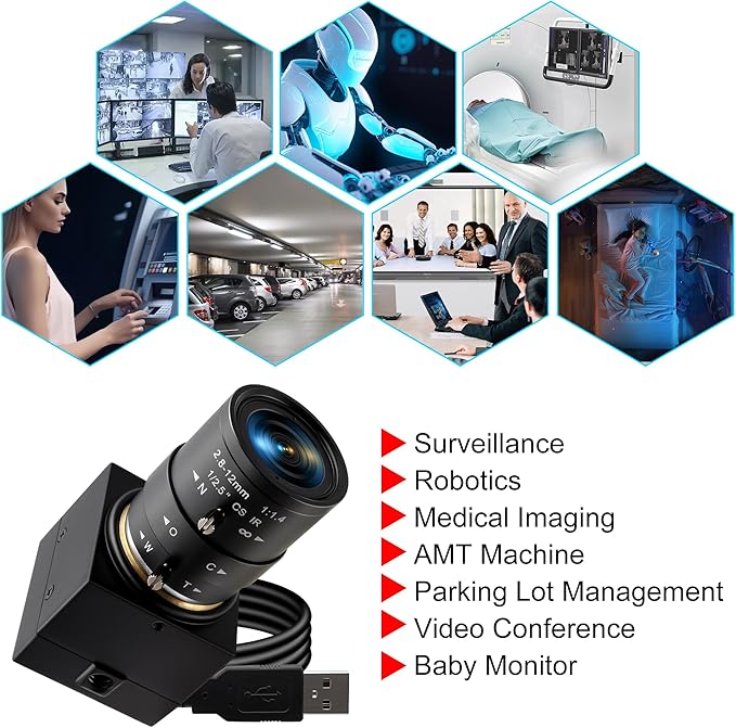 Manual Zoom USB Camera with 2.8-12mm CS Lens, H.264 1080P 30fps Webcam, Low Light Vision & Laser Light Burn, Compatible with Windows/macOS/Linux for Industrial Inspection & Remote Conferencing