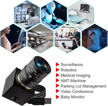 Manual Zoom USB Camera with 2.8-12mm CS Lens, H.264 1080P 30fps Webcam, Low Light Vision & Laser Light Burn, Compatible with Windows/macOS/Linux for Industrial Inspection & Remote Conferencing
