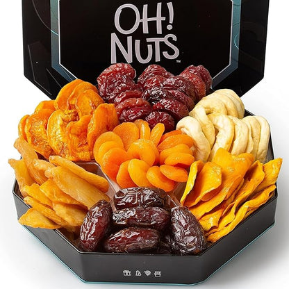 Oh! Nuts Dried Fruit Gift Basket 7 Variety Tin Box - Gourmet Arrangement Platter - Healthy Food Snack Box for Birthday, Anniversary, Corporate - Gift for Women & Men (Dried Fruits)