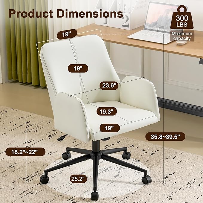 Furniliving Home Office Desk Chair, Ergonomic Leather Office Chair with Wheels, Comfortable Rolling Task Chair Adjustable Height, White