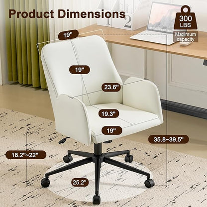 Furniliving Home Office Desk Chair, Ergonomic Leather Office Chair with Wheels, Comfortable Rolling Task Chair Adjustable Height, White