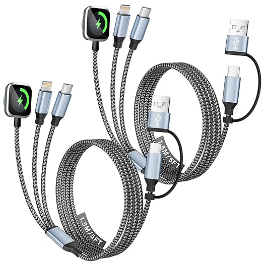 Travel Essentials, 3 in 2 UB A/USB C Cable for Watch Charger, Multi Phone Charging Cable/Cord for All Devices for iWatch Ultra/SE/10-1, Phone16 15 14, Android, iPads, More (2Packs 5FT)