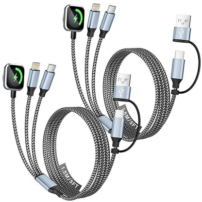 Travel Essentials, 3 in 2 UB A/USB C Cable for Watch Charger, Multi Phone Charging Cable/Cord for All Devices for iWatch Ultra/SE/10-1, Phone16 15 14, Android, iPads, More (2Packs 5FT)