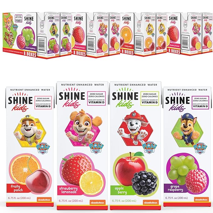 ShineKids x Paw Patrol Juice Box Variety Bundle – Apple Berry, Grape Raspberry, Fruity Punch & Strawberry Lemonade (4 Flavors, 128-Pack) – Vitamin D, Sugar-Free, 0 Calorie, Gluten-Free, Vegan