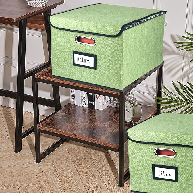 Collapsible File Organizer Box, filing Storage boxes for hanging files with lid, Linen Portable file folder box with handle, Decorative Document Storage Bin for Office/Home/School/Décor(Green)