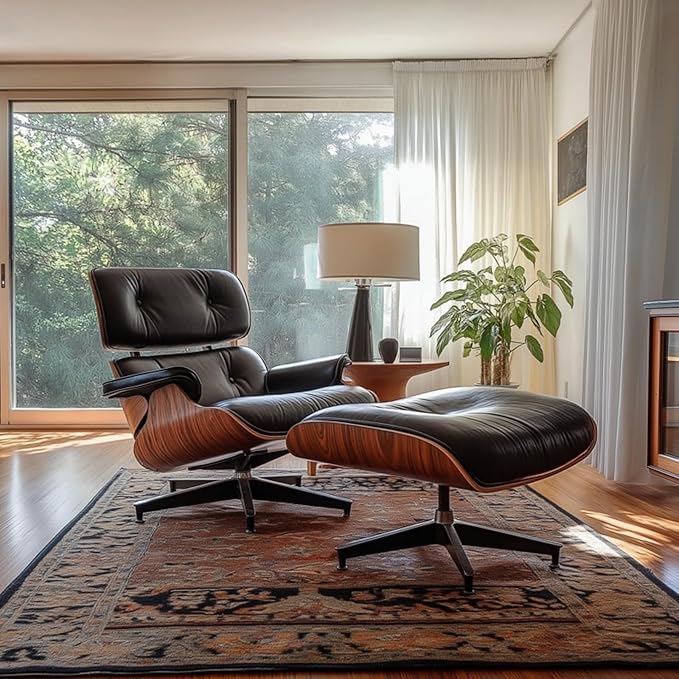 Mid Century Chaise Lounge Chair with Ottoman, Top Black Grain Leather, Modern Office Chair Classic Design, Heavy Duty Base Support for Living Room Study Lounge Office
