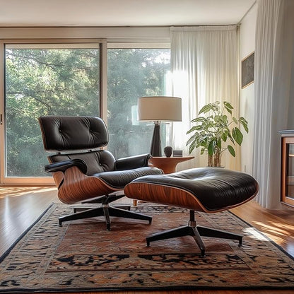 Mid Century Chaise Lounge Chair with Ottoman, Top Black Grain Leather, Modern Office Chair Classic Design, Heavy Duty Base Support for Living Room Study Lounge Office