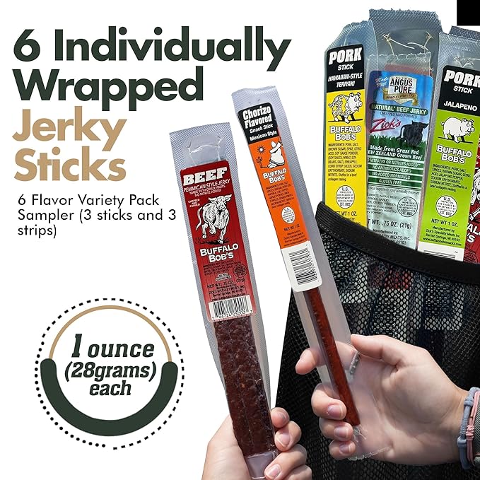 Buffalo Bob's Wild Game Meat Snacks (6 Pack), Beef Jerky Gift Set, Pork Jerky Sampler Variety, Snack Baskets for Men, Premium Gifts for Dad, Meat Gift Box, Assorted Snacks for Men | Traditional Pack