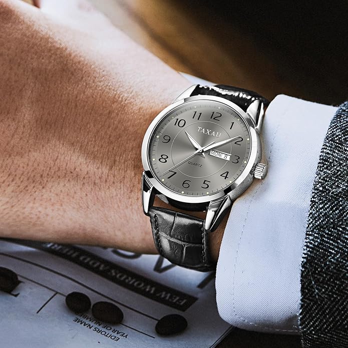 Men's Watch Big Face Easy Read Arabic Numeral Dress Watches for Men Classic Black Brown Leather Band Analog Mens Wrist Watch with Day and Date Fashion Business Waterproof Luminous Quartz Watch