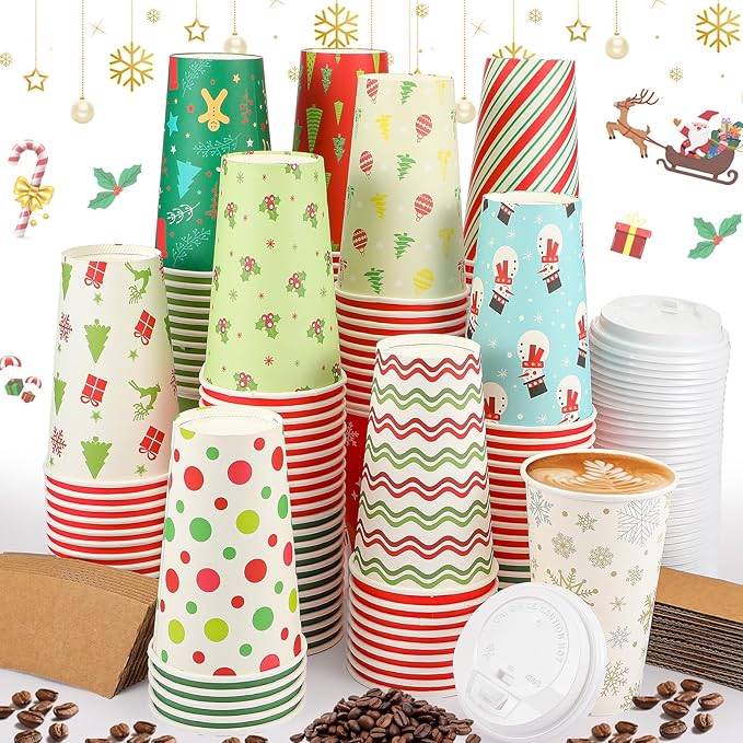 Tioncy 300 PCS/100 Set 16oz Christmas Paper Cups Christmas with Lids and Sleeves Disposable Coffee Cup Hot Chocolate Cocoa Cup Tea Coffee Paper Cups for Party Holidays Hot Cold Drinks(Stylish Style)