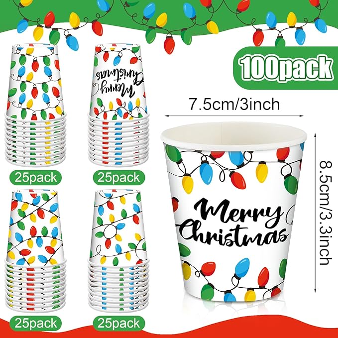 Funtery 100 Pieces Christmas Paper Cups Disposable Coffee Light Bulbs Insulated Coffee Paper Cups 9 Ounce Drinking Tea Christmas for Daily Use Holiday Party