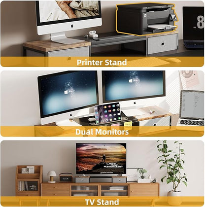 Dual Monitor Stand Riser with 2 Drawers - 39Inch Large Storage Computer Monitor Stands for 2 Monitors, Wooden Desktop Organizer Perfect for Home Office Desk, Computer, Laptop, TV