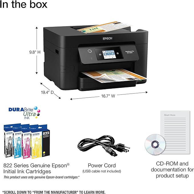 Epson Workforce Pro WF-3820 Wireless All-in-One Printer with Auto 2-Sided Printing, 35-Page ADF, 250-sheet Paper Tray and 2.7" Color Touchscreen (Renewed), Black