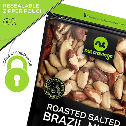 NUT CRAVINGS - Brazil Nuts Roasted & Salted - No Shell, Whole (32oz - 2 LB) Bulk Nuts Packed Fresh in Resealable Bag - Healthy Protein Food Snack, Food Assortments