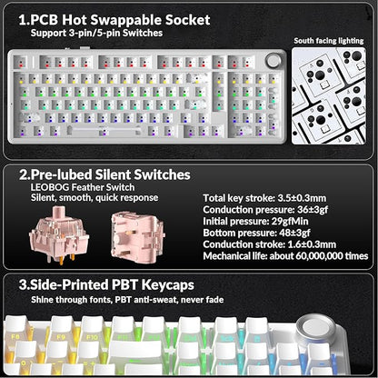 AULA F99 Pro Wireless Mechanical Keyboard-Silent Version,BT5.0/2.4GHz/USB-C Hot Swappable Custom Keyboard,Gasket Structure,Pre-lubed Linear Switches RGB Backlit Computer Gaming Keyboards,White
