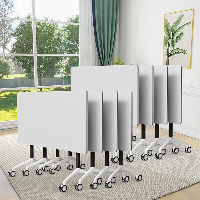 Conference Room Table, 55 Inch Folding Conference Tables with Wheels, Modern Office Meeting Table, Easy Flip & Nest Design, Rectangular Seminar Tables with Metal Frame for 2-24 People (M, 8PCS)