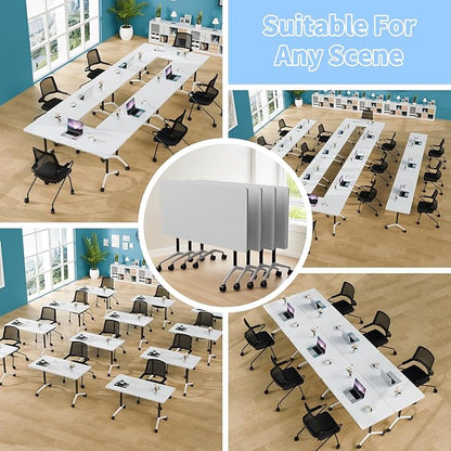Conference Table Folding Conference Room Tables, Modern Mobile Meeting Training Table with Silent Wheels, Foldable Seminar Table for Offices, Classrooms, Libraries (8, white2, 55.1in)
