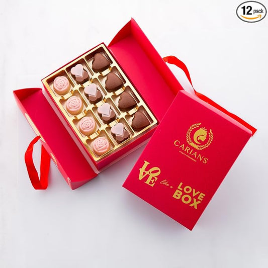 Carian’s Bistro Belgian Chocolate Gift Box of Love, Luxury Milk Chocolates with Strawberry and Hazelnut Cream, Great For Gift Giving, Christmas, Thanksgiving and Anniversary for Lovers, 12 pc.
