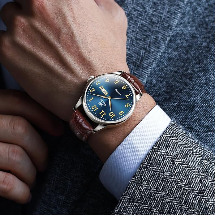 Men's Casual Leather Watch, Easy to Read Three-Hand Analog Stainless Steel Watches for Men, Minimalist Day Date Waterproof Luminous Mens Quartz Wristwatch