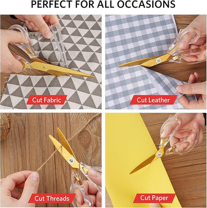 Acrylic Scissors, Sharp Titanium Coating Blades with Ergonomic ABS Handle, Multi-Purpose Scissors Set of 3, Suitable for Sewing and Household, Clear and Gold-Toned