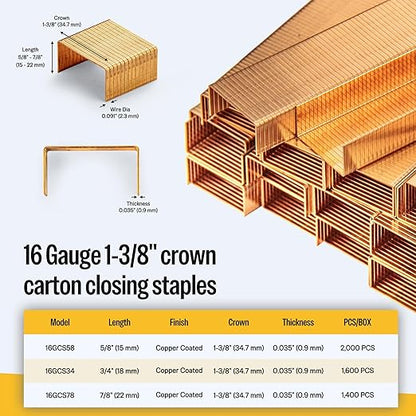 meite Carton Closing Staples 16 Gauge 1-3/8" Wide Crown 5/8" Leg Copper-Coated Carton Staples for Pneumatic or Manual Box Stapler Gun - Cardboard Closer Packaging (4,000PCS)