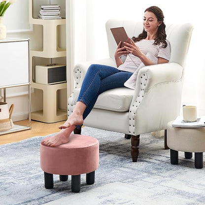 Cpintltr Foot Stool Velvet Ottoman Round Footstool for Couch Desk Soft Step Stool Padded Foot Rest with Non-Skid Pine Legs Multiple Colors Furniture for Hallway Office Lounge Dorm Room Dusty Pink