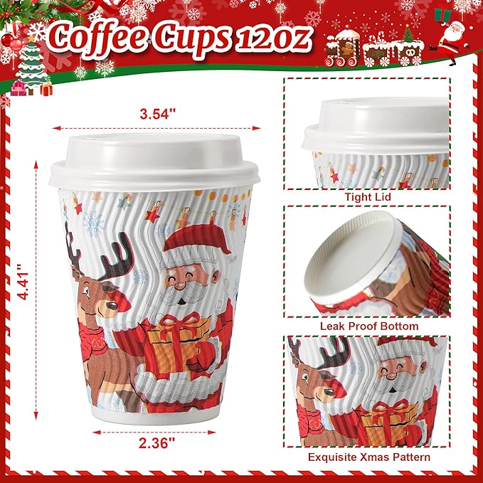 SIUQ 12 oz Christmas Coffee Cups with Lids - 50 Pack Disposable Insulated Paper Cups, Christmas Hot To Go Coffee Cups, Leak Proof Holiday Party Supplies for Office Home Celebrations
