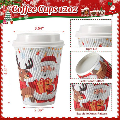 SIUQ 12 oz Christmas Coffee Cups with Lids - 50 Pack Disposable Insulated Paper Cups, Christmas Hot To Go Coffee Cups, Leak Proof Holiday Party Supplies for Office Home Celebrations