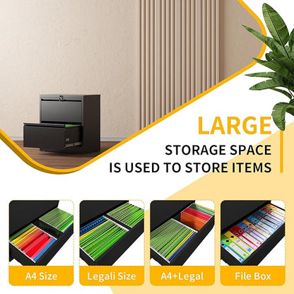 File Cabinets with Lock, 2 Drawer Locking Filing Cabinets for Home Office, Black Metal Heavy Duty Lateral Filie Cabinet for Hanging Letter/Legal/F4/A4 Size Files, Assembly Required