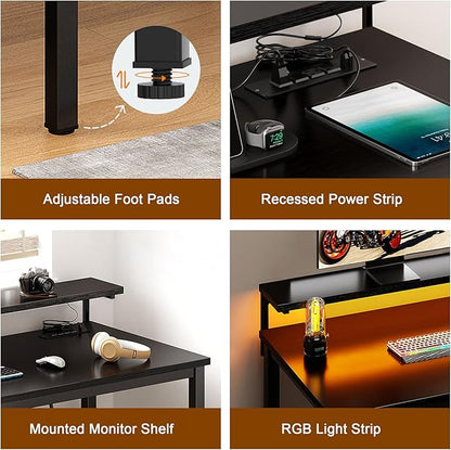 Need 60 inch Computer Desk with LED Lights & Power Outlets, Large Home Desk with Monitor Shelf, Writing Table Gaming Desk Home Office Desk, Black