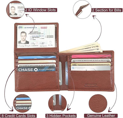 Genuine Leather Mens Bifold Flip ID Wallet RFID Blocking 8 Credit Card Slots 2 ID Window 2 Sections for Bills 3 Additional Slots | Choco